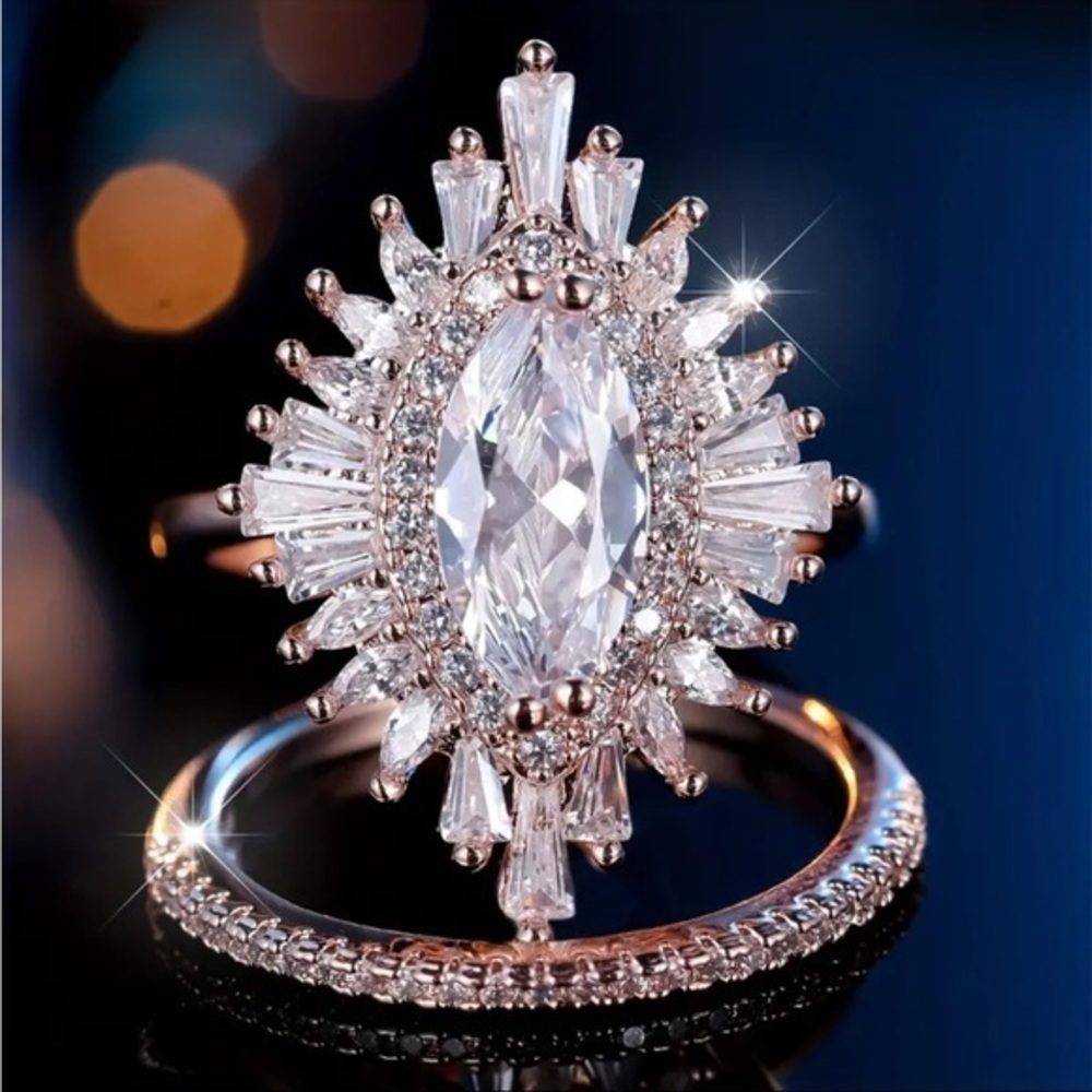 Vintage Inspired Marquise Crystal Halo Ring Set Size 8 Silver Tone NWT